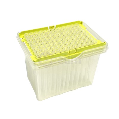 Clear microplate (96 wells) with a bright yellow tray edge, tilted inside a transparent container
