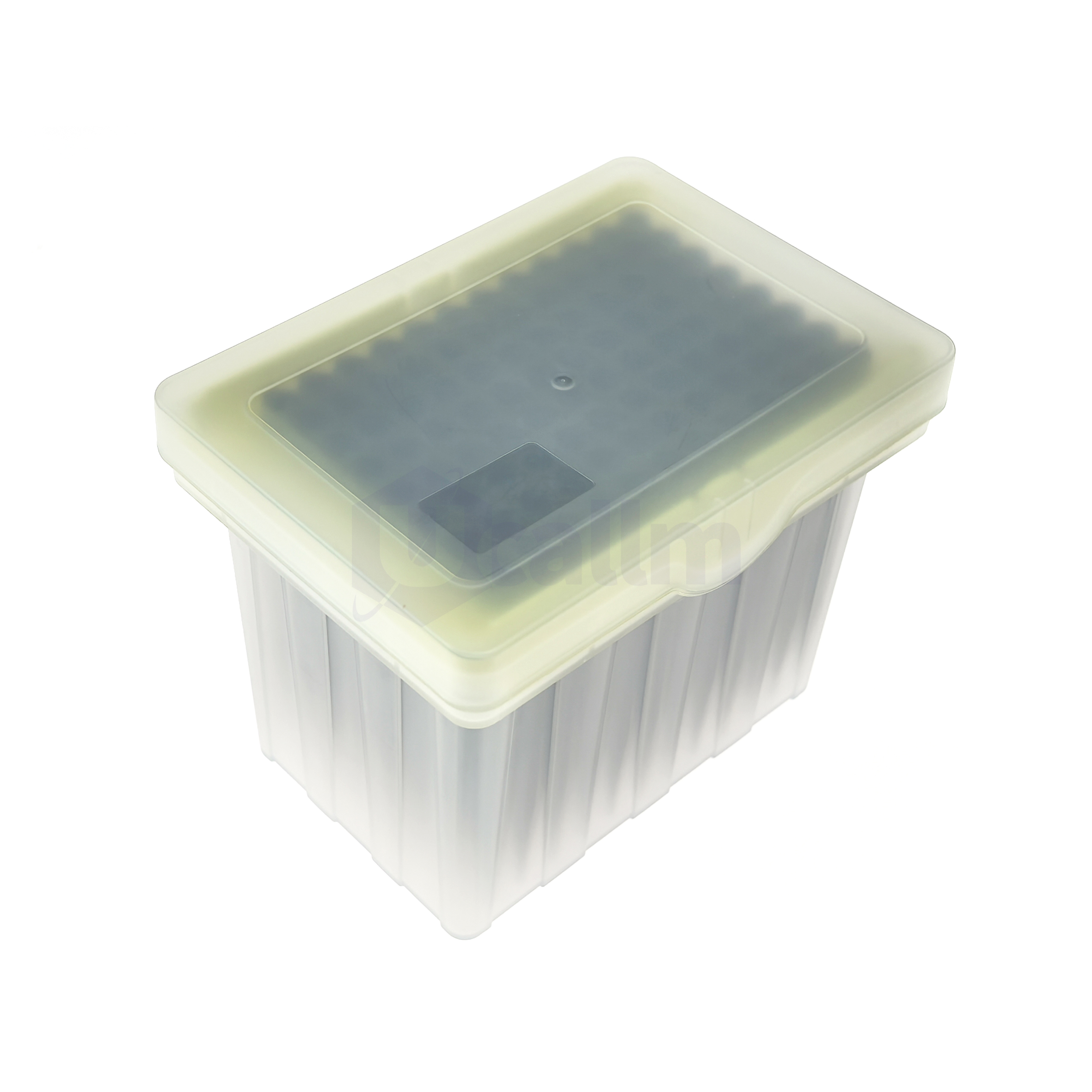 LT9042 1000µL Automation Tips Compatible with Tecan-1 (2) Transparent plastic storage box with a light gray lid, photographed from a tilted top corner to show the container and lid.