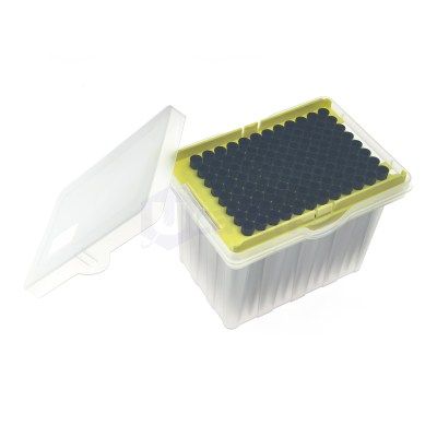 Open translucent storage box containing a yellow 96-well microplate with black wells inside the tray?