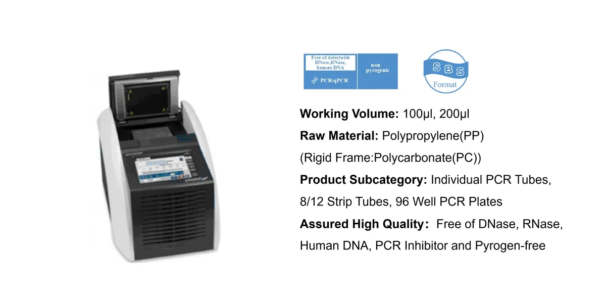 PCR thermal cycler with a spec sheet: 100–200 µL working volume, polypropylene/ polycarbonate construction, 96-well plates and PCR tubes, DNase/RNase-free quality