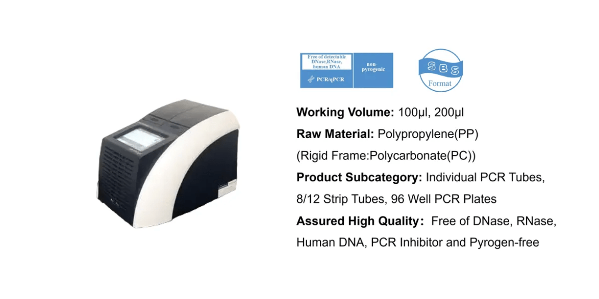 PCR thermal cycler with a control panel on the left and specification text on the right (Working Volume 100μL/200μL; polypropylene frame; 96‑well plates; DNase/RNase‑free).