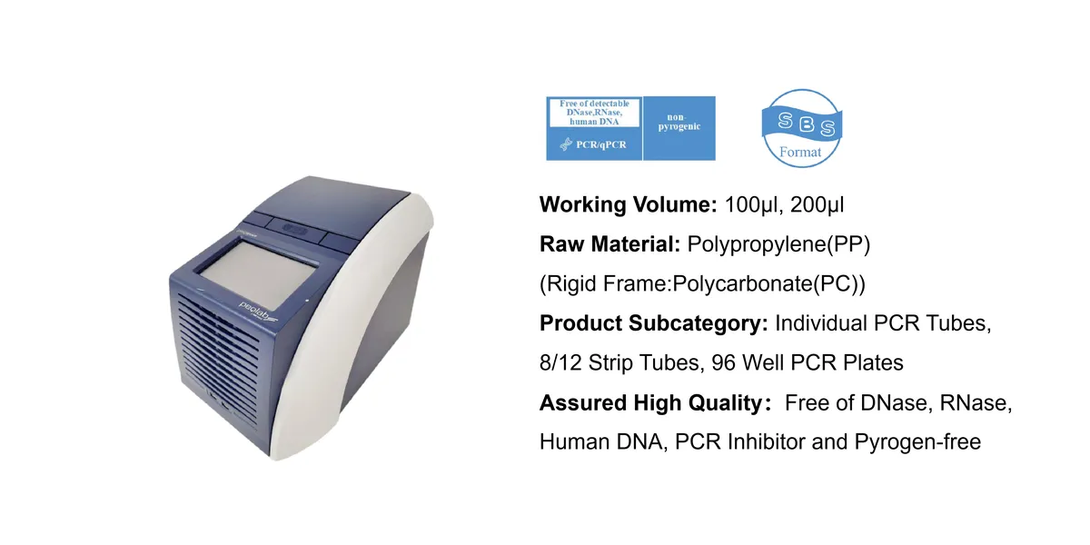 PCR thermal cycler with blue-gray housing and display on the front; to the right, a panel lists specs like working volume and materials used.