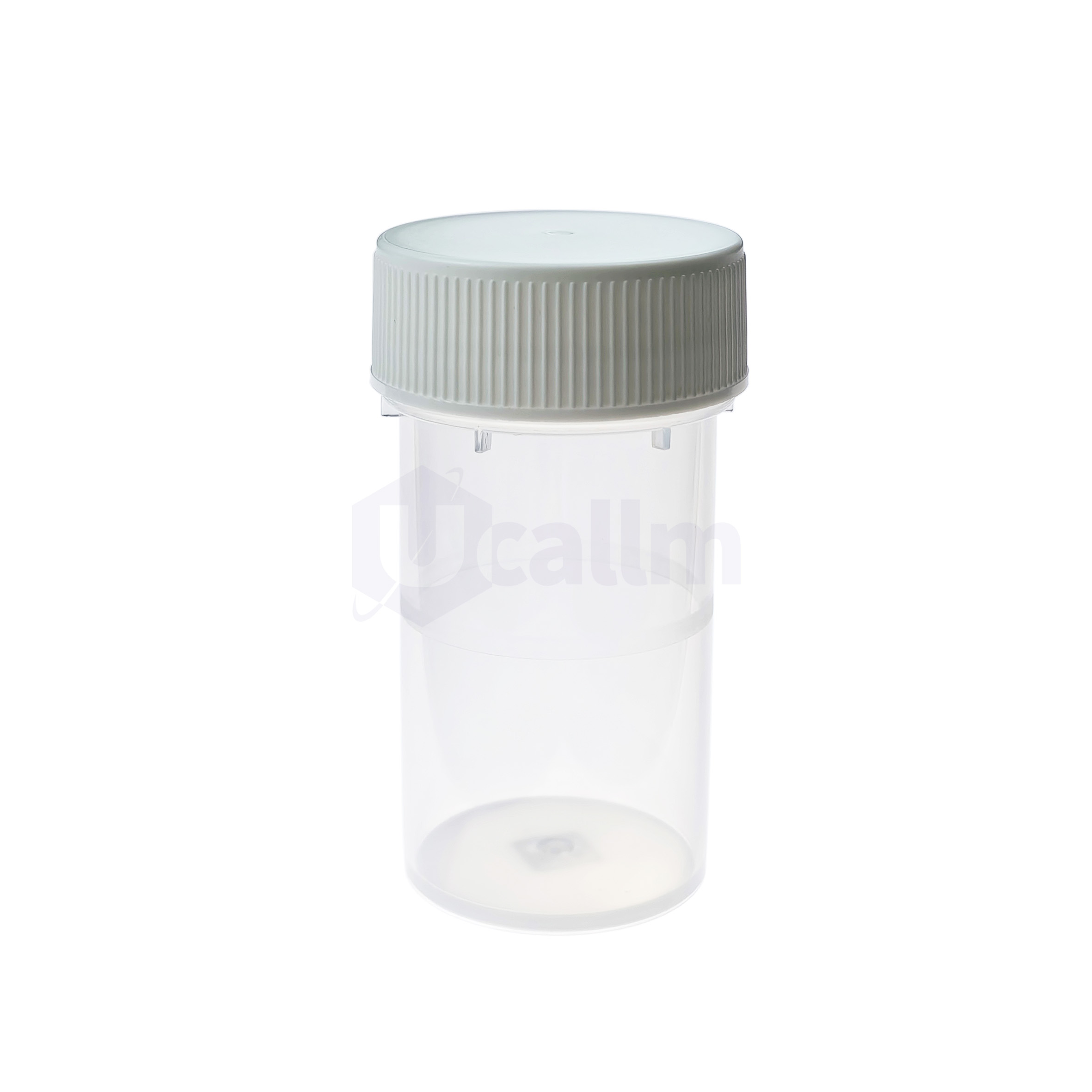 S3020-17-1 Close-up of a white ribbed screw-on cap on a clear plastic bottle, viewed from above.