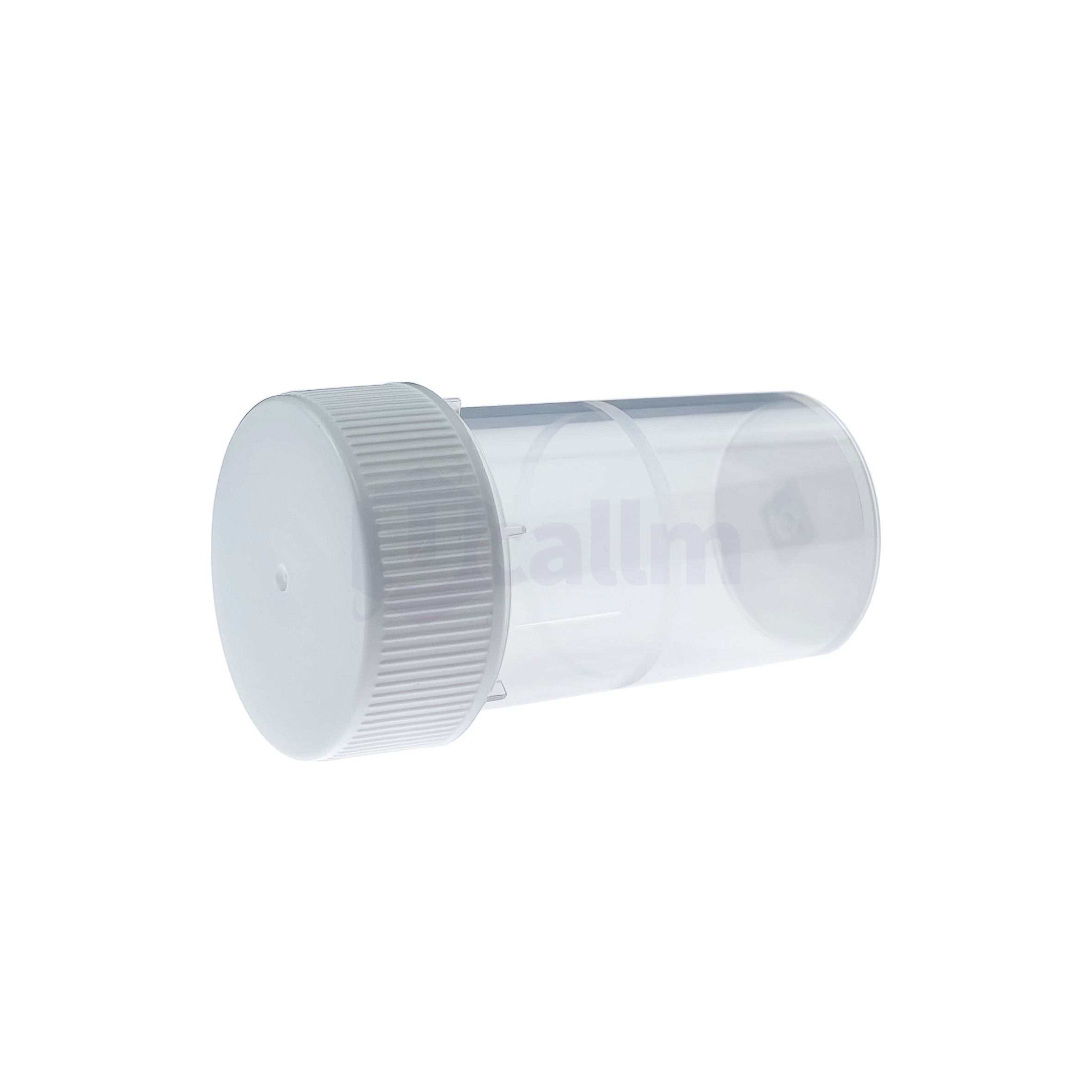 S3020-17-3 Clear cylindrical medical device with white ends and a ribbed gray collar.