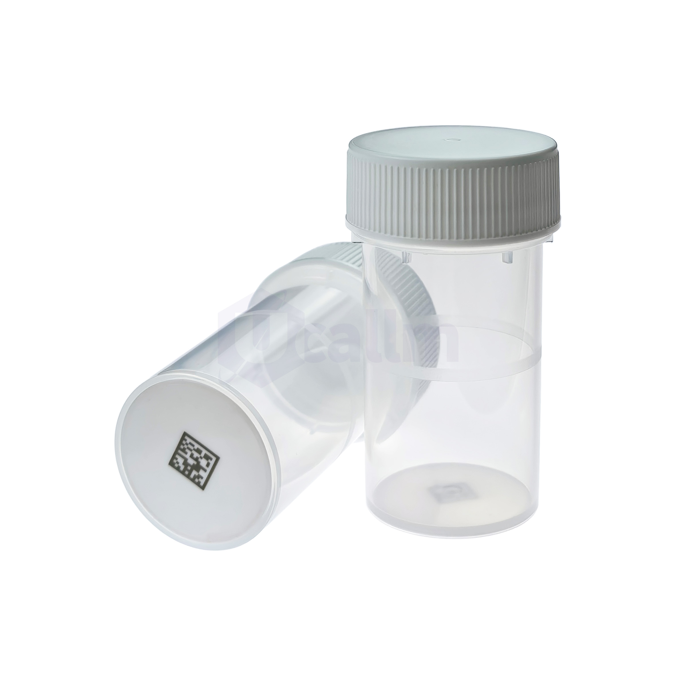 S3020-17-5 Close-up of a white ribbed screw-on bottle cap on a clear plastic container.