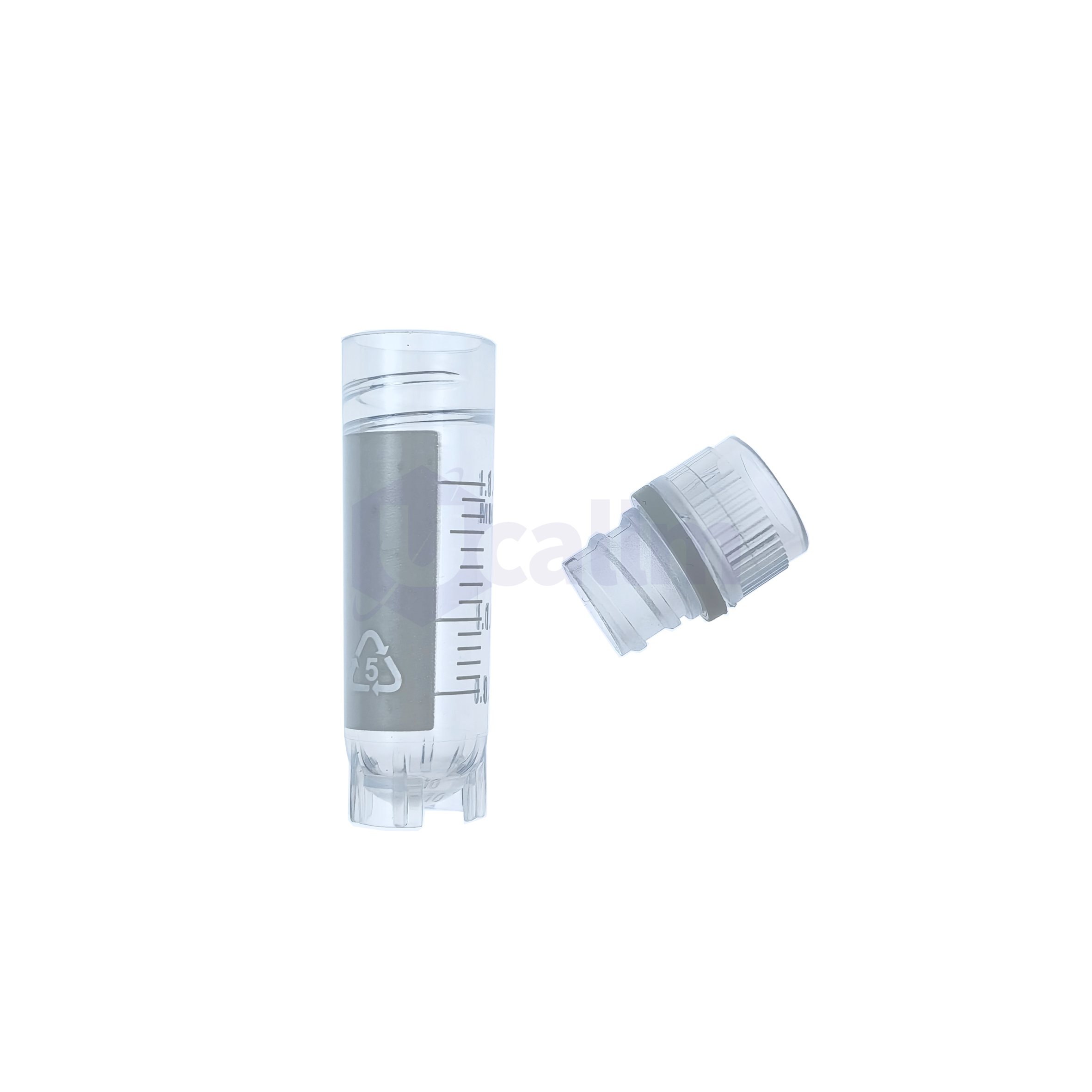 S3020M-2 Two clear syringes on a white background, one standing upright with measurement marks visible and the other angled beside it, indicating medical equipment for injections.