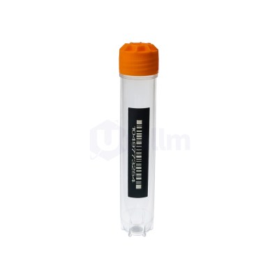 Transparent test tube with an orange screw-on cap, viewed head-on in a lab setting