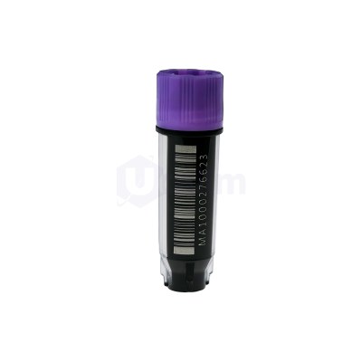 Purple-capped blood collection tube against a white background, close-up view.