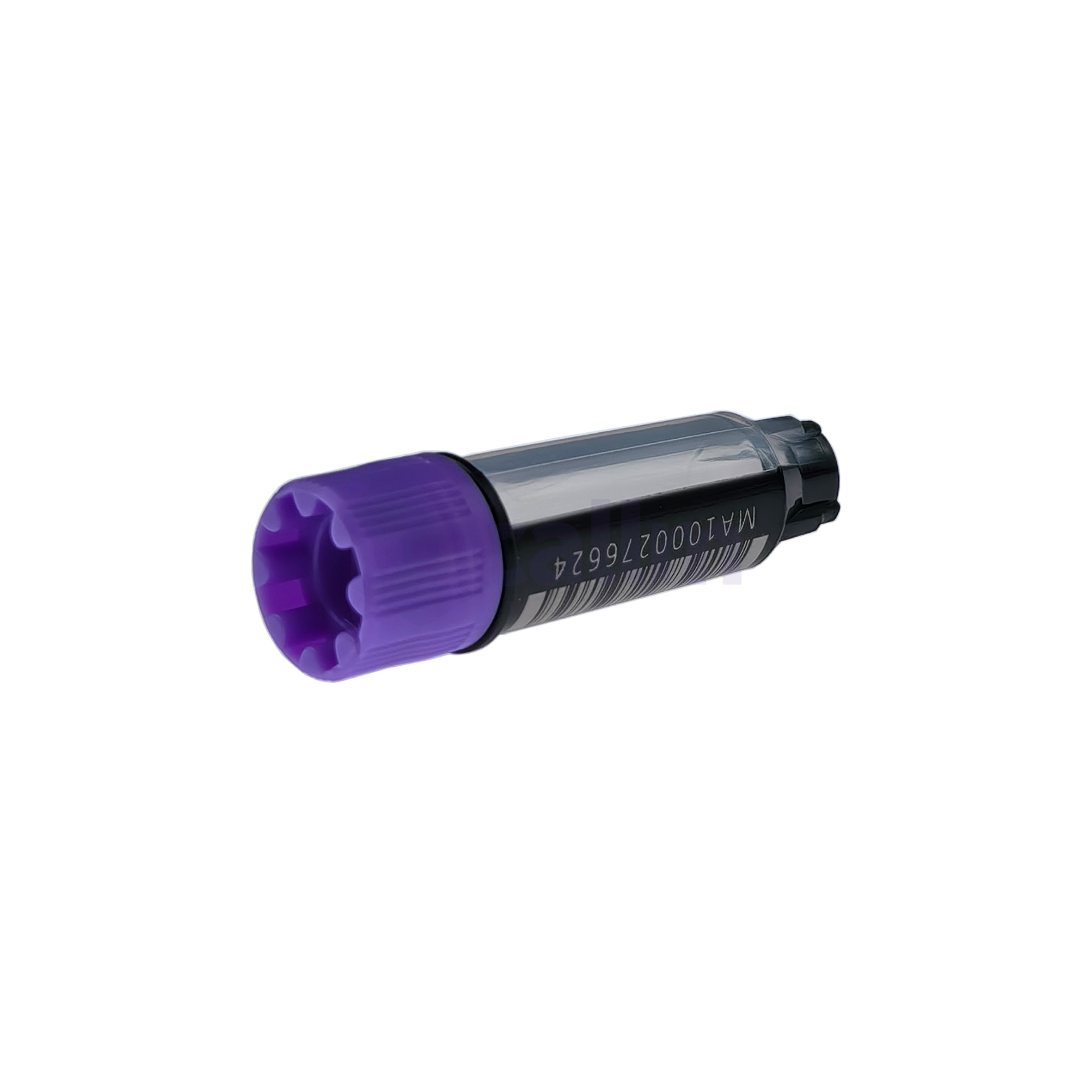S3130-01-2 Close-up of a transparent vape cartridge with a purple mouthpiece cap, angled diagonally across a white background.