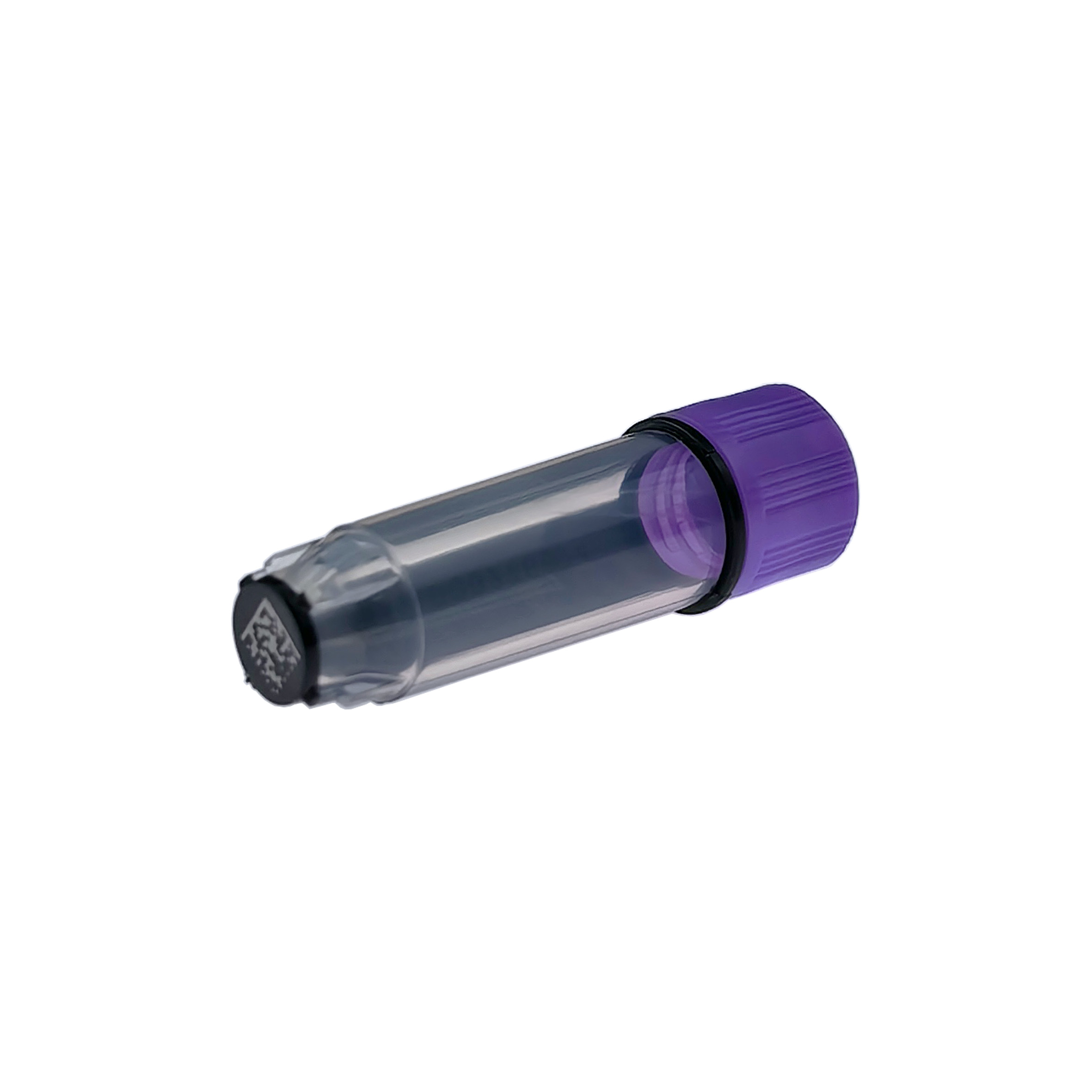 S3130-01-3 Gray prescription bottle with a purple screw-on cap lying on its side, partially visible.