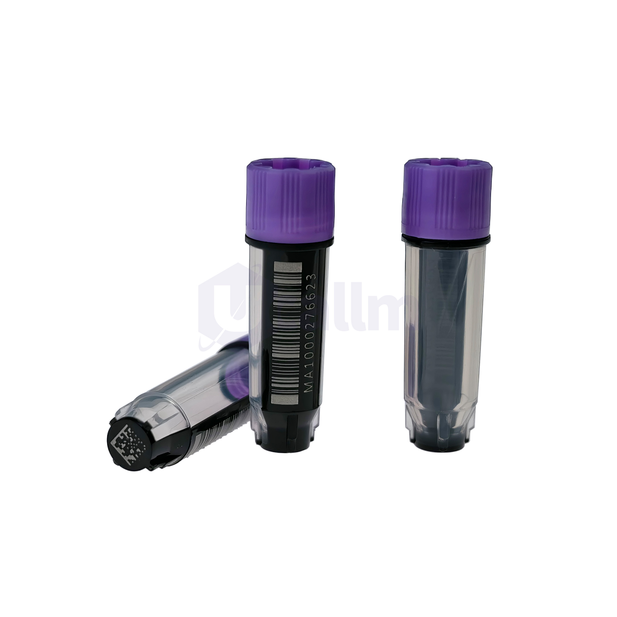 S3130-01-4 Two transparent lab vials with purple screw caps and measurement marks on the sides, standing upright on a white background.