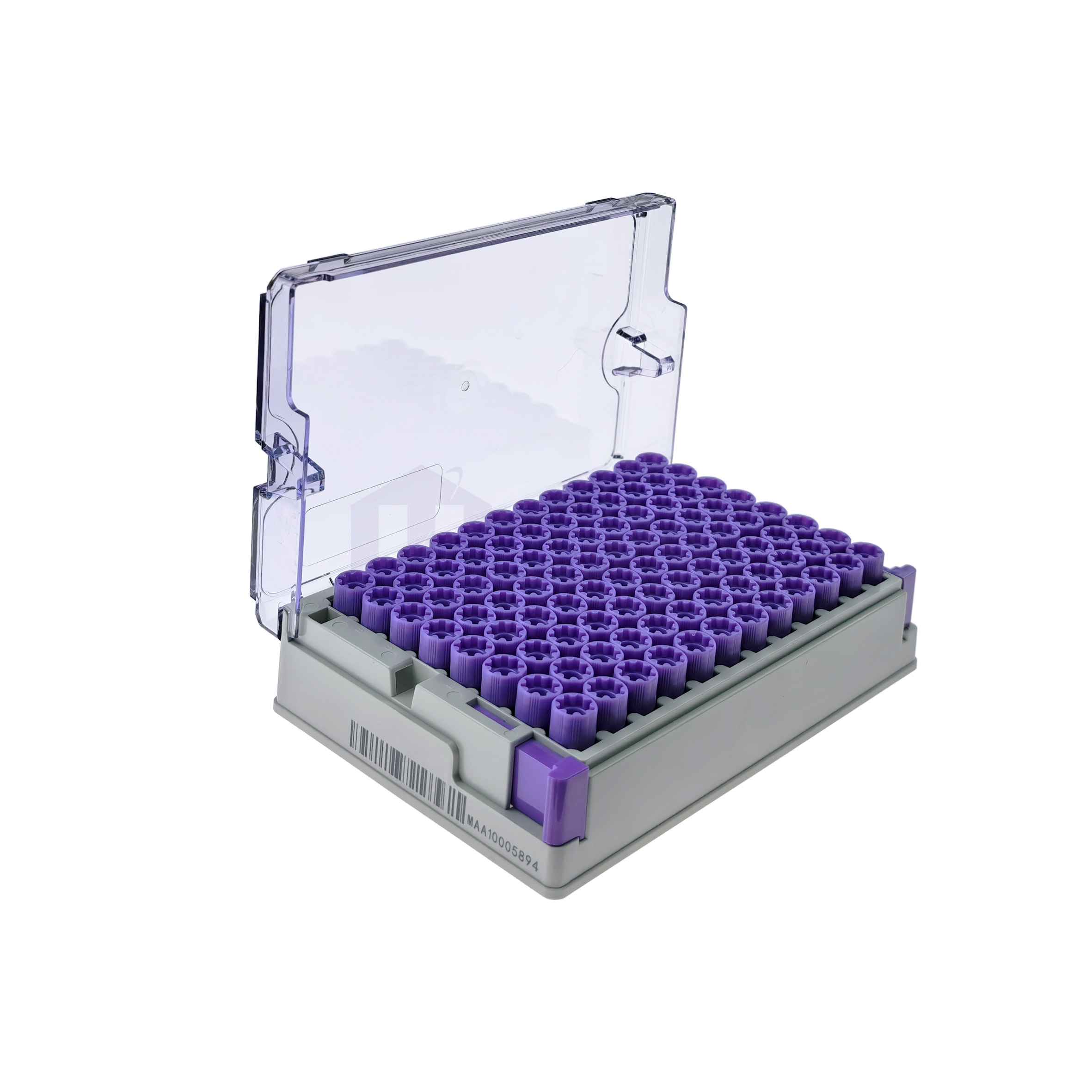 S3130-01-5 Clear plastic storage case opened to reveal a purple rack of microcentrifuge tubes organized in rows, stored for lab use