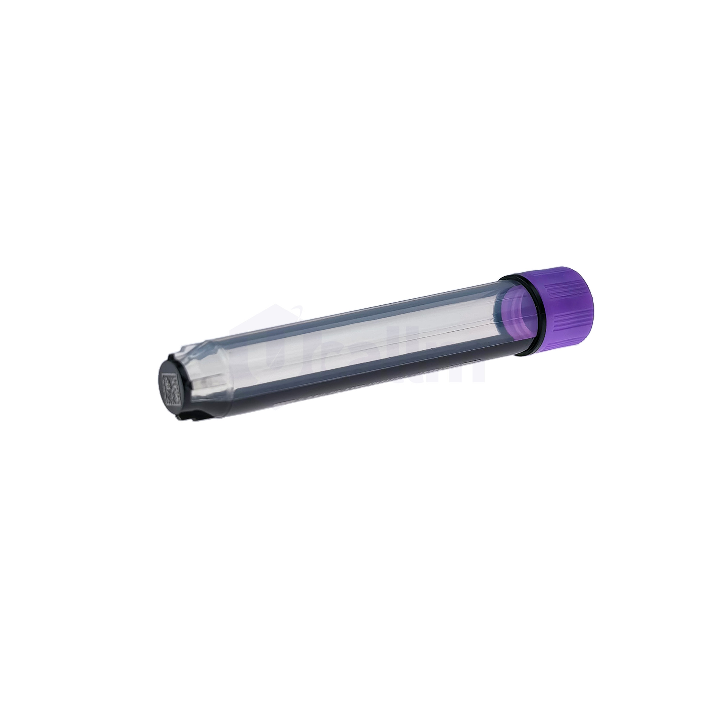 S3130-03-3 Transparent test tube with a purple cap lying diagonally on a white background, empty and sealed.