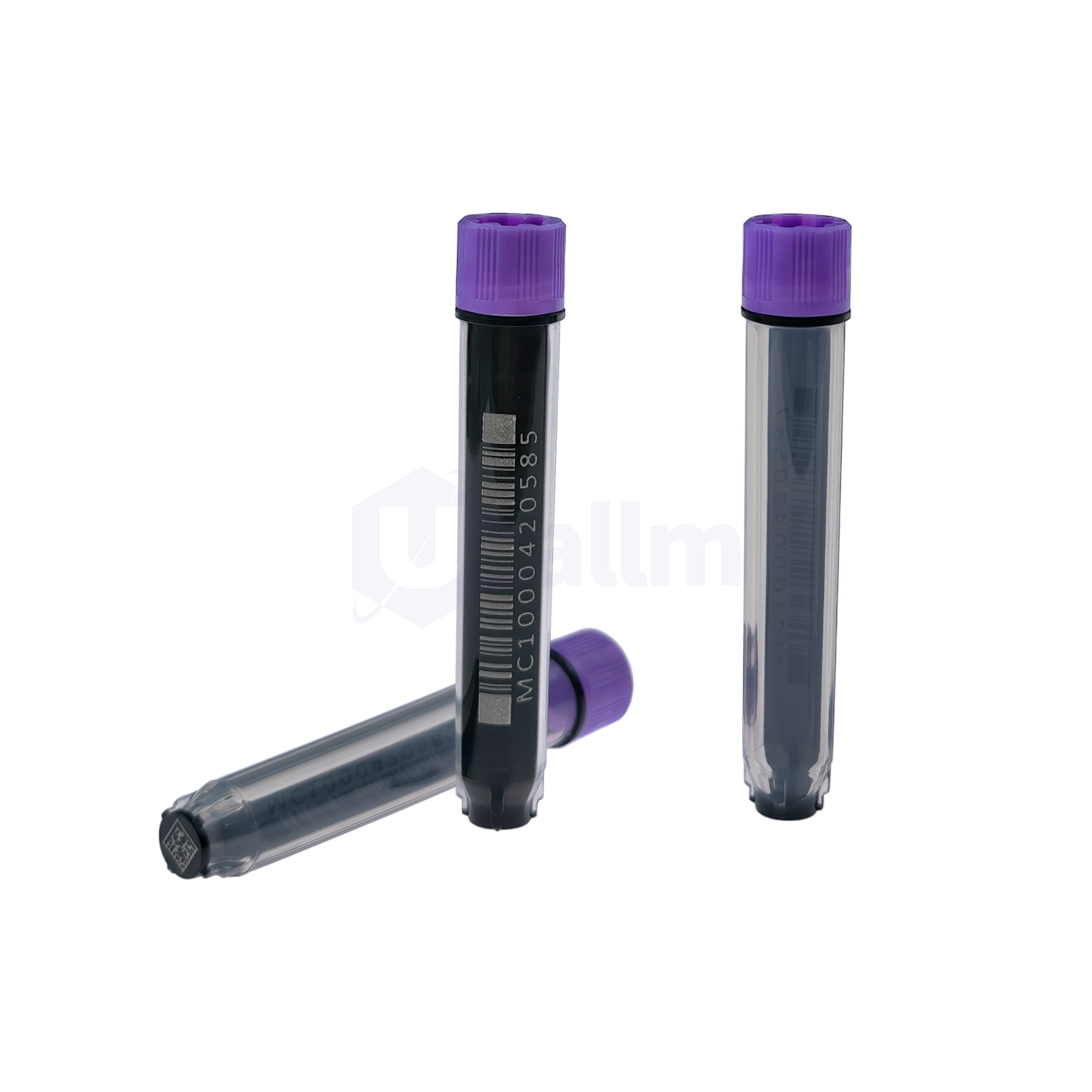 S3130-03-4 Three clear test tubes with purple screw-on caps standing upright on a white background, showing measurement markings on the tubes