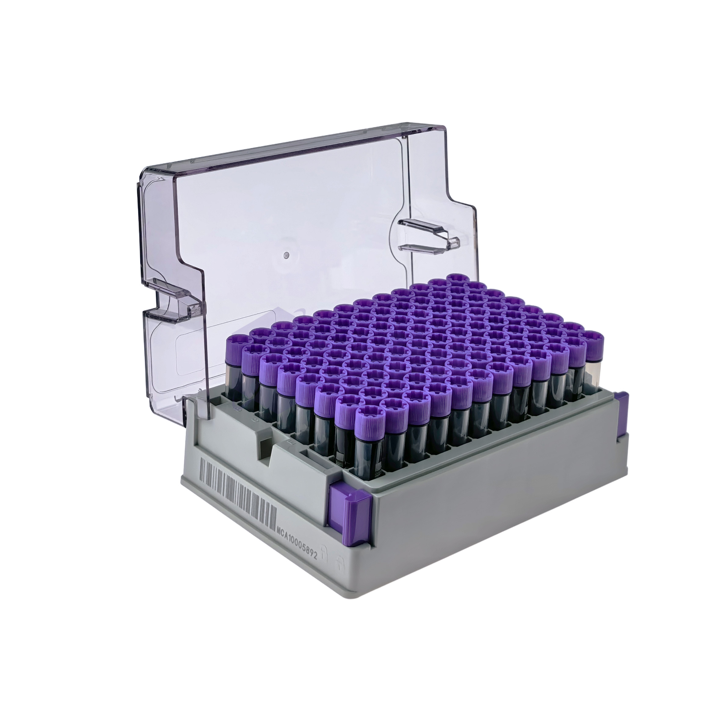 S3130-03-5 Clear plastic storage rack holding many purple-capped blood collection tubes arranged in rows in a gray organizer.