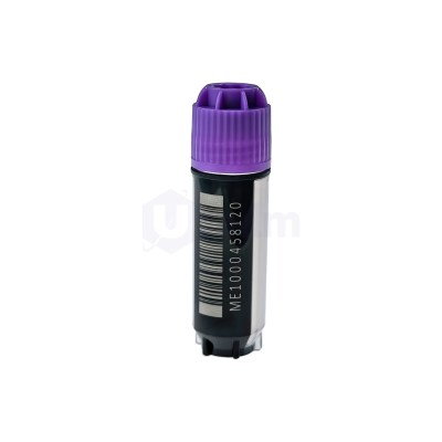 Close-up of a purple ribbed plastic bottle cap on a dark container with vertical measurement markings along the side.
