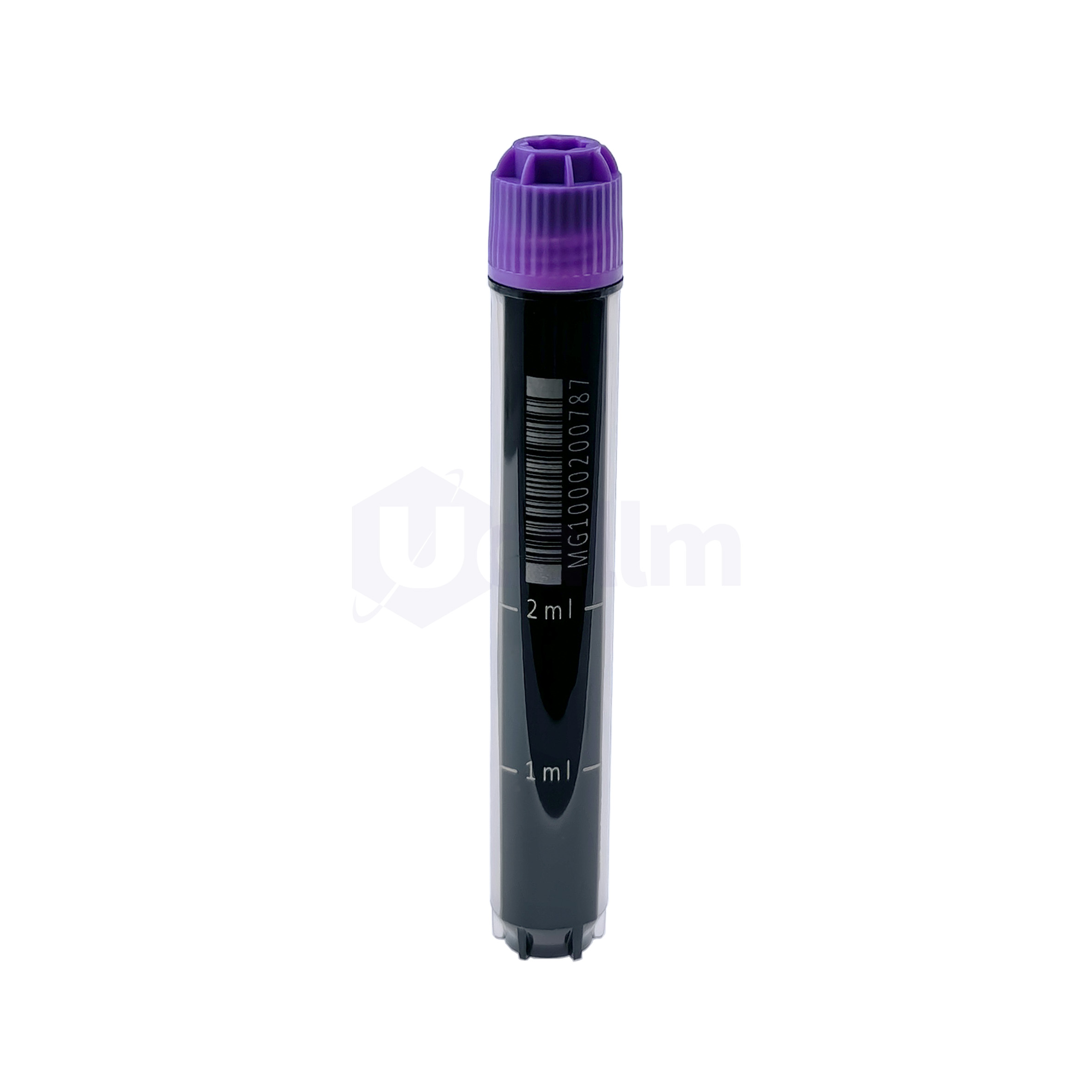 S3132-14-1 Close-up of a purple marker cap atop a black marker barrel, highlighting the ridged cap and opening at the top.