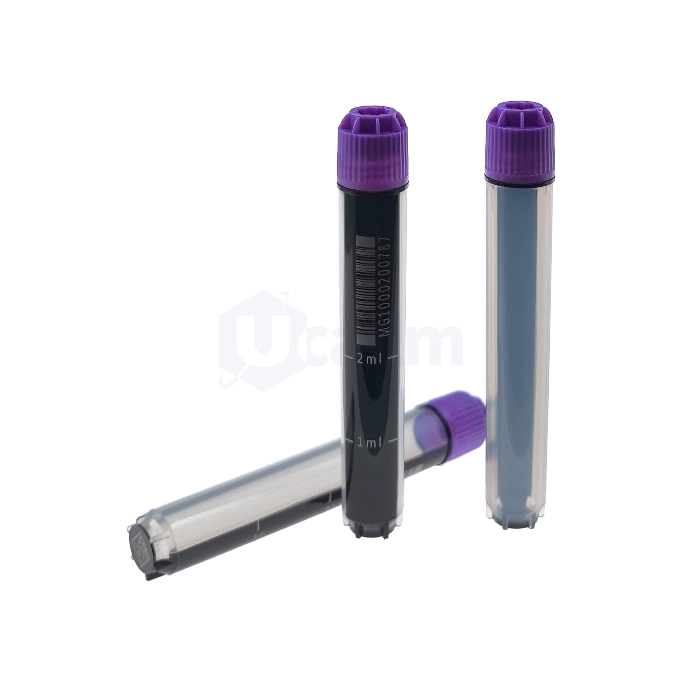 S3132-14-4 Two purple-capped EDTA blood collection tubes on a metal stand in a lab setting.