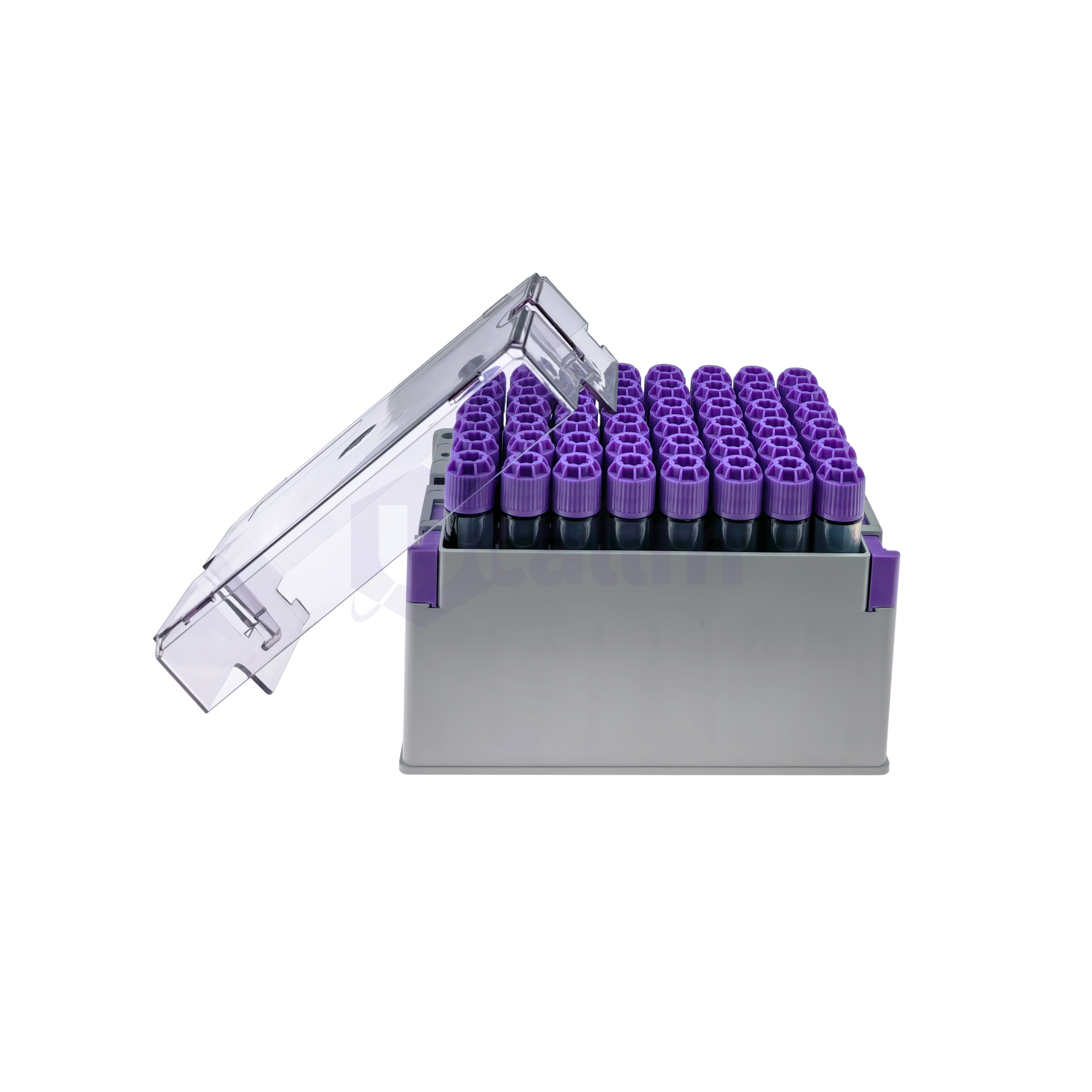 S3132-14-5 Open transparent lid on a rack of purple-capped lab vials in a gray storage box.