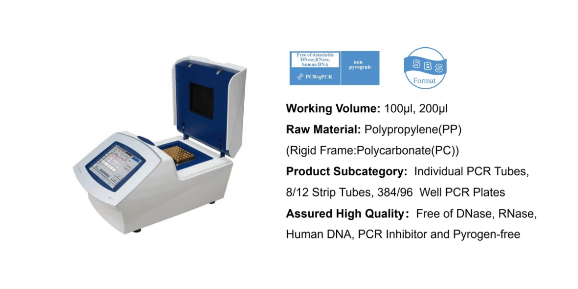 Compact PCR thermocycler with its lid open beside a spec sheet listing Working Volume, Raw Material, and Assured High Quality rules.