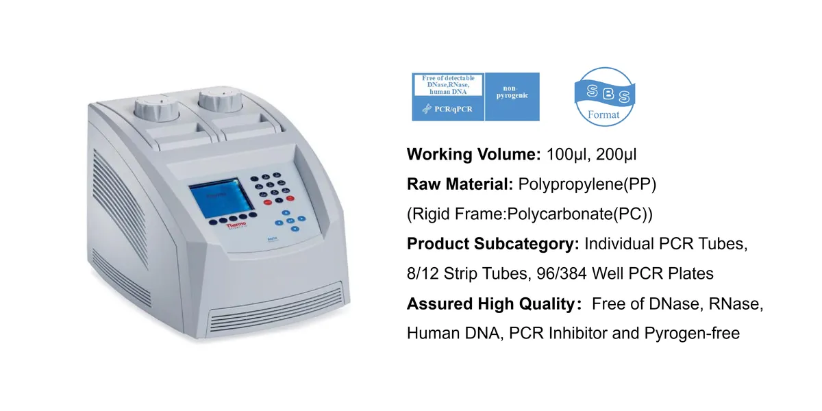 PCR thermocycler with LCD display and keypad, shown with spec bullets: 100/200 µL working volume, polypropylene frame, individual tubes, DNase/RNase-free materials.