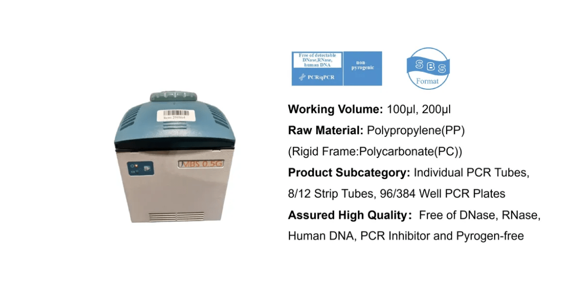 PCR thermal cycler with blue lid on the left; right side lists specifications such as Working Volume 100µl/200µl, Raw Material polypropylene, Product Subcategory: PCR tubes and plates, Assured High Quality: DNase/RNase/Human DNA free and pyrogen-free.