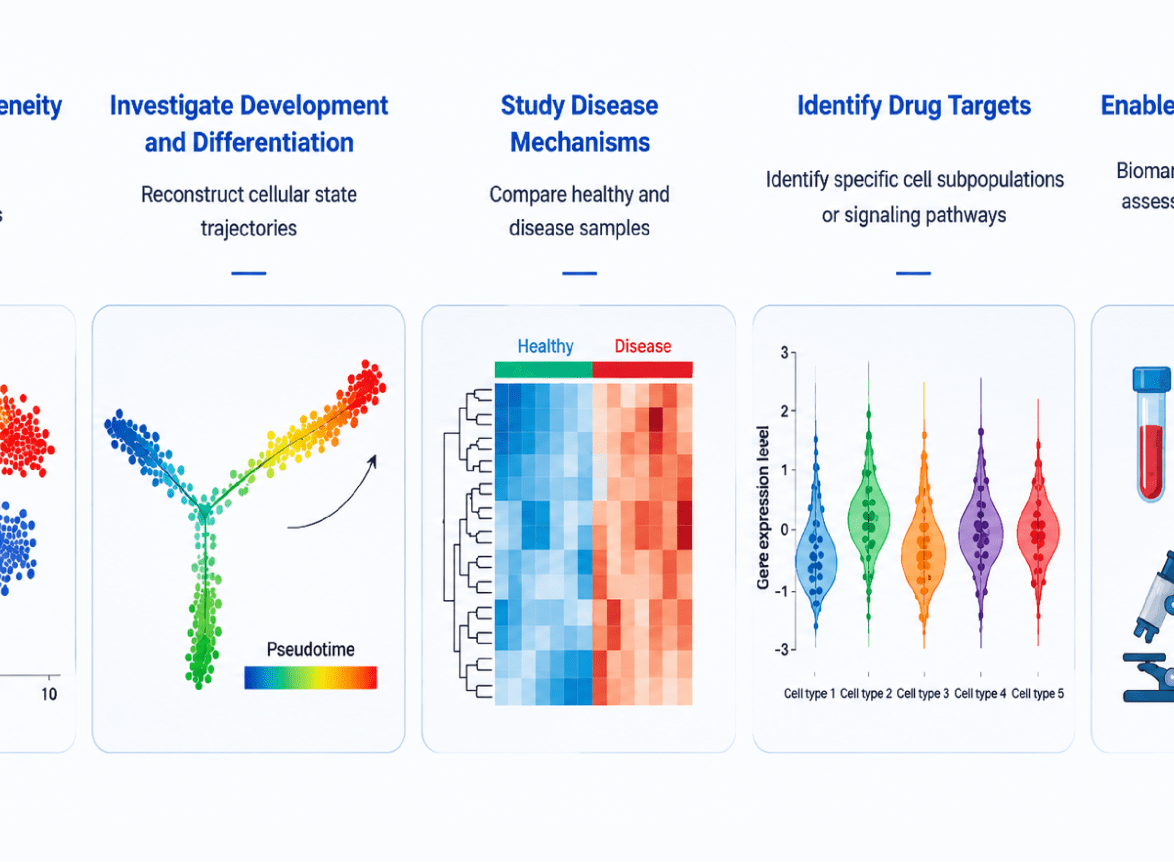 Infographic depicting five research stages: cell heterogeneity, development and differentiation, disease mechanisms, drug targets, and clinical translation, with representative data visuals.